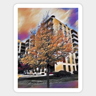Lone tree in front of a building Sticker
